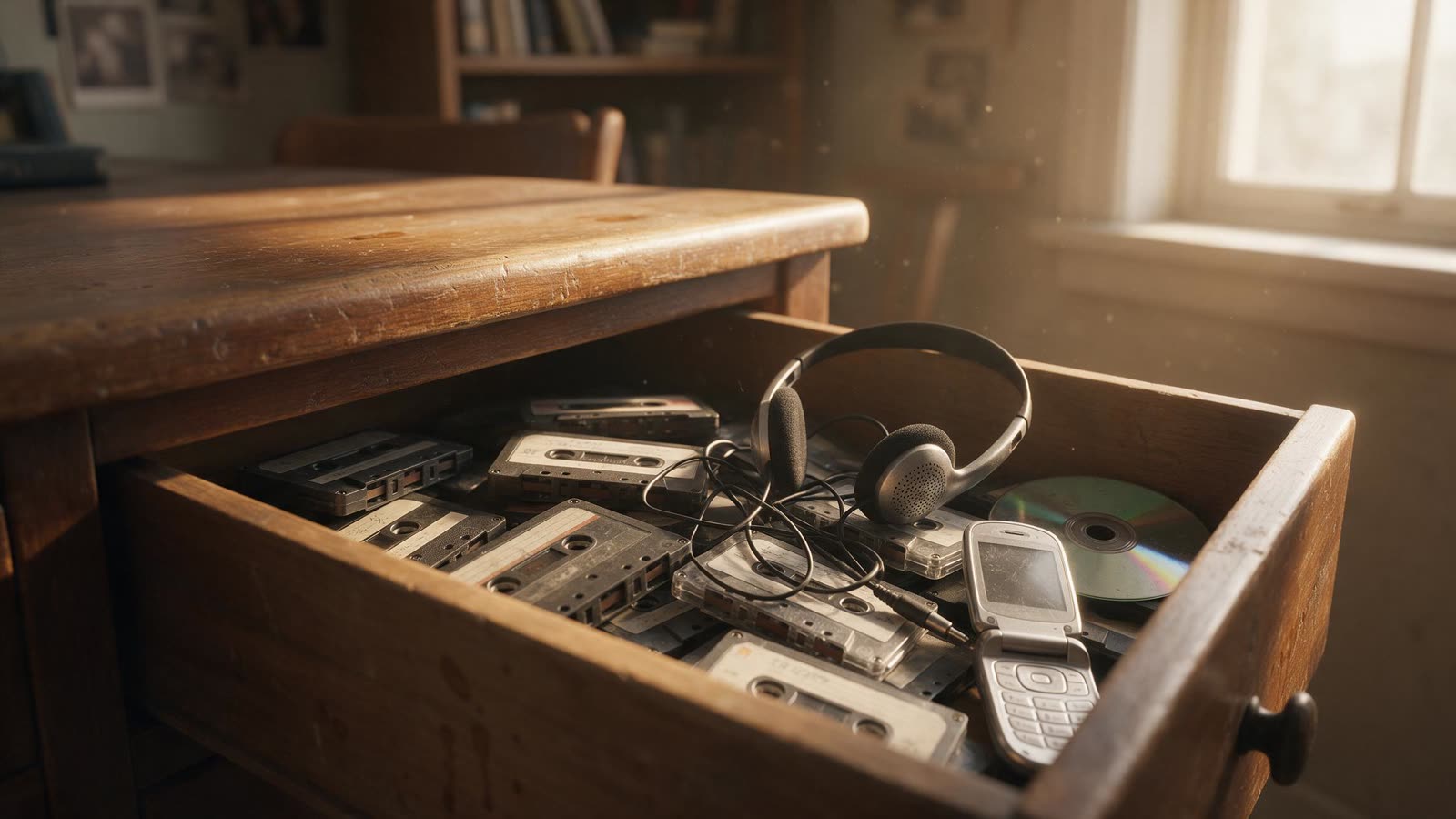 El cajón de los recuerdos: cassettes, auriculares y un móvil de 2011