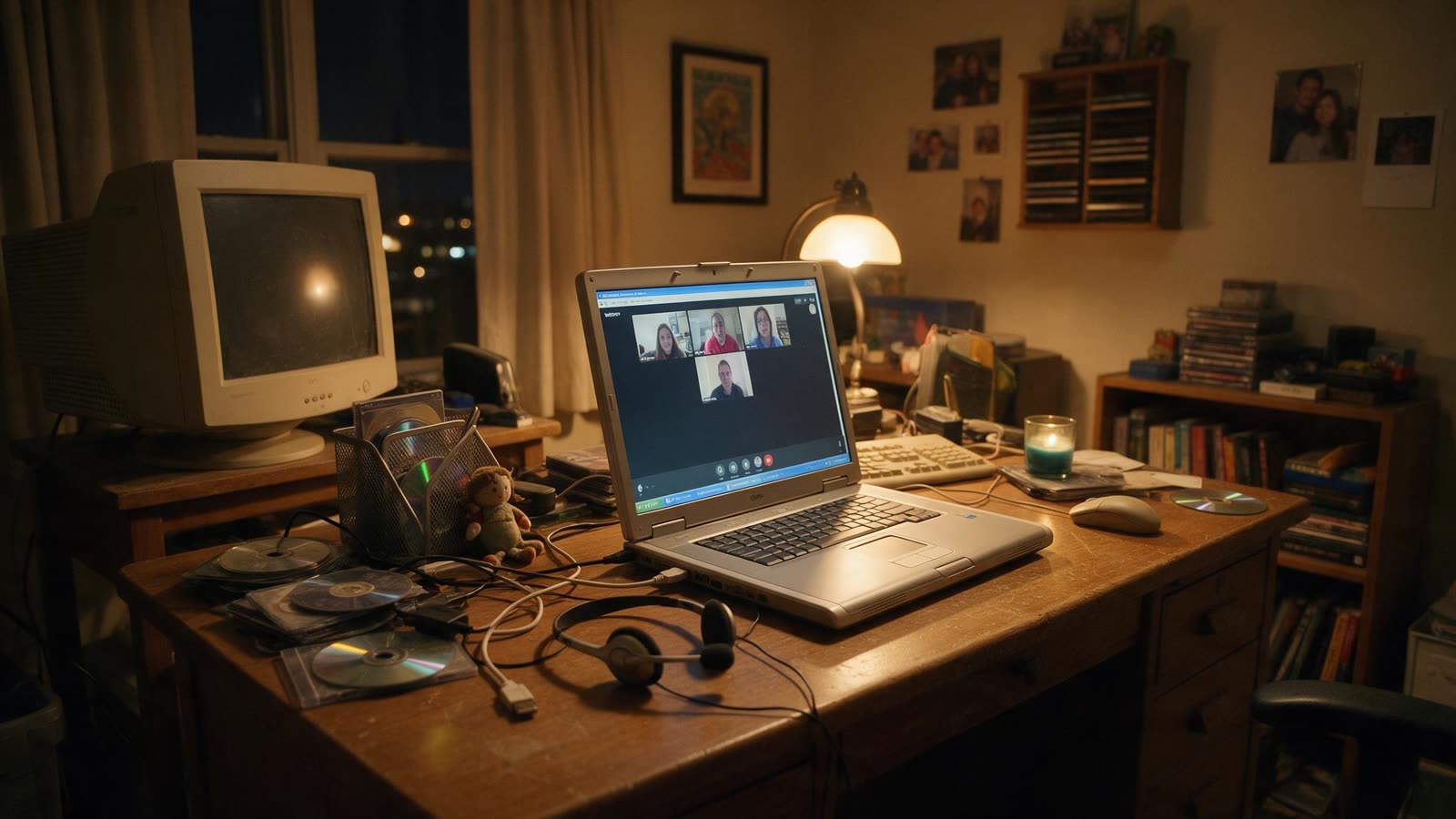 Escritorio de 2011 con un portátil en una videollamada de Skype, recreado con IA
