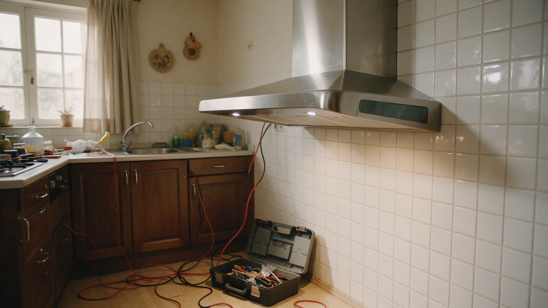 Cocina con la campana extractora a medio instalar, cables por el suelo y una caja de herramientas: así conseguía clientes un electricista en Twitter