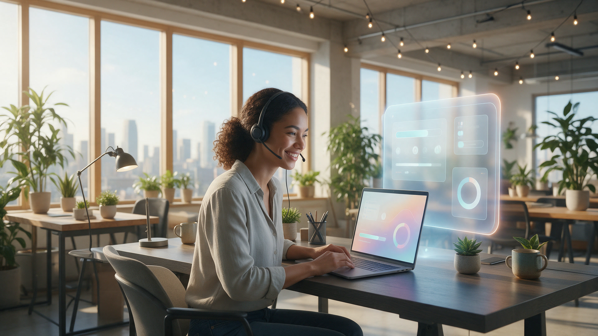 Persona con auriculares atendiendo junto a un asistente de IA en pantalla: automatizar la atención al cliente con una persona detrás