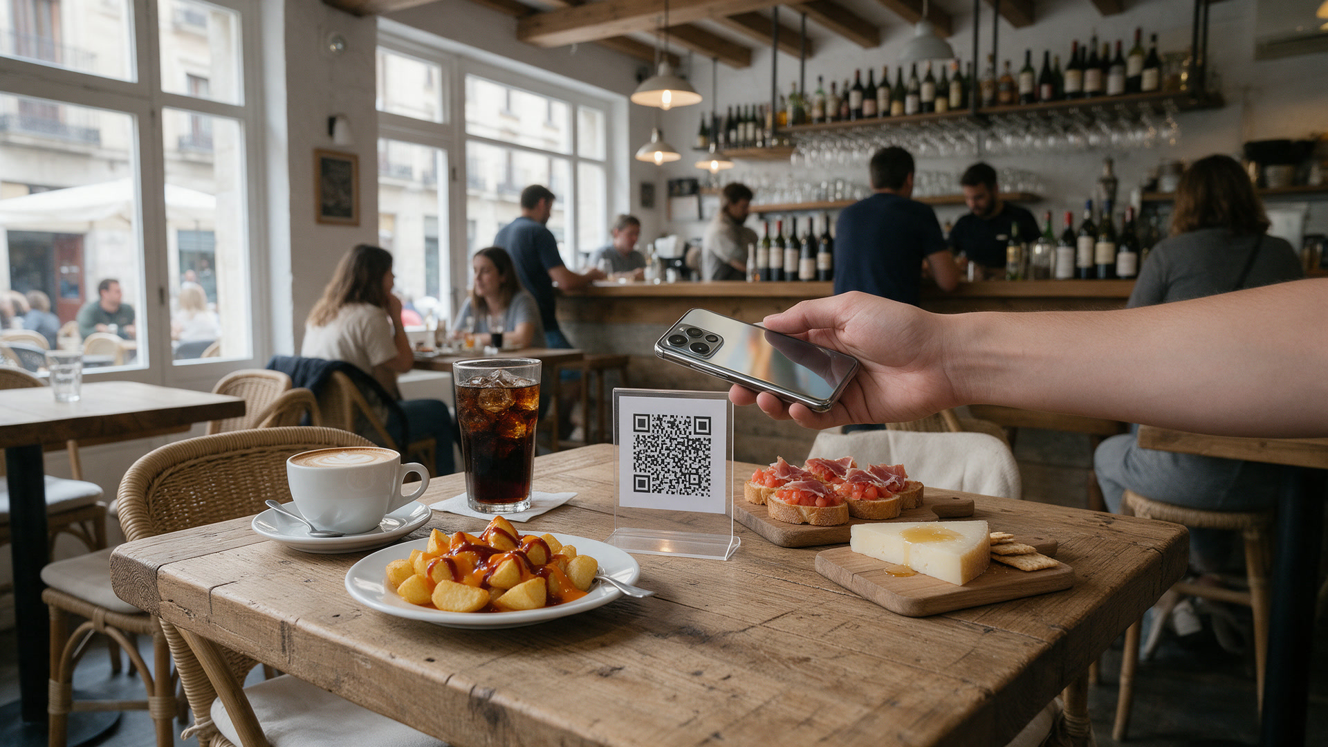 Mano escaneando un código QR en la mesa de un bar para ver la carta